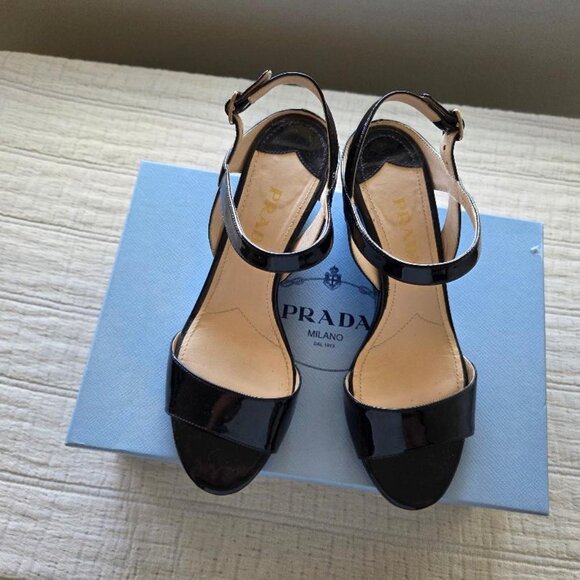 PRADA - Patent Leather Anklestrap Wedge Sandals - Picture 1 of 6